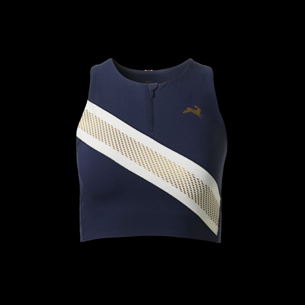Tracksmith Strata Zip Bra Size XS Navy/Ivory/Gold / XS